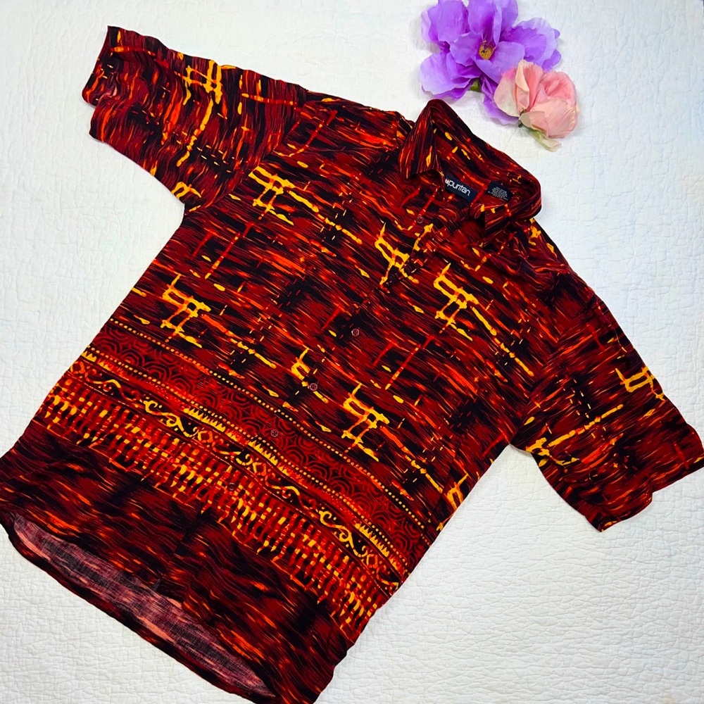 Puritan Men's Orange & Yellow Tribal Lava Casual Button-down Hawaiian Shirt; M